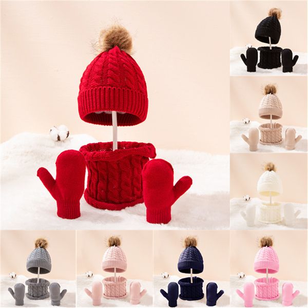 

wool monochrome warm children hat scarf gloves three-piece sets, Blue;gray