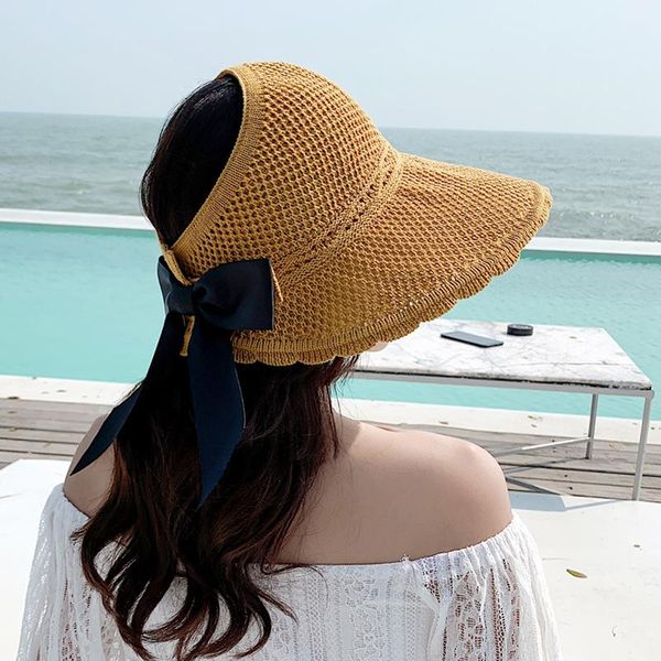 

woman sun hats female bowknot visor caps hand made straw summer cap casual shade hat empty girls beach wide brim, Blue;gray