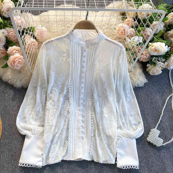 

women's knits & tees foamlina summer blouse women white black lantern sleeve stand collar pearl buttons korean fashion loose femal