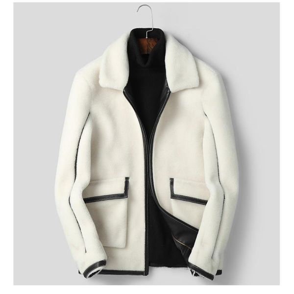 

men's leather & faux winter sheep shearing jacket real fur coat male white short wool jackets man's casual clothes korean abrigo h, Black