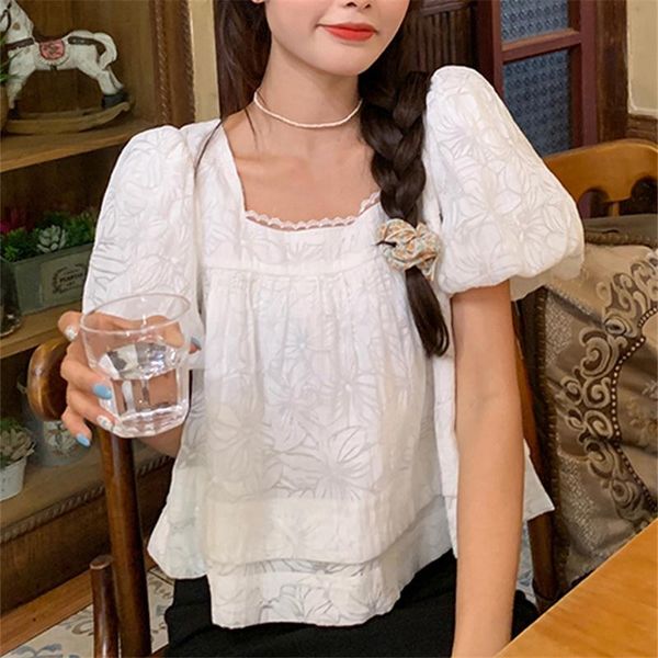 

women's blouses & shirts 2021 summer women short sleeved bow knot puff sleeve crop tees french romance white a890