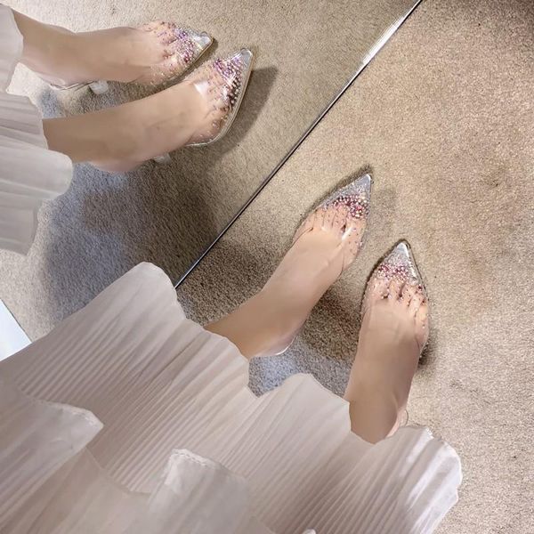 

dress shoes 2021 9cm party pvc jelly sandals crystal leopard open toed high heels women transparent heel slippers discount pumps, Black