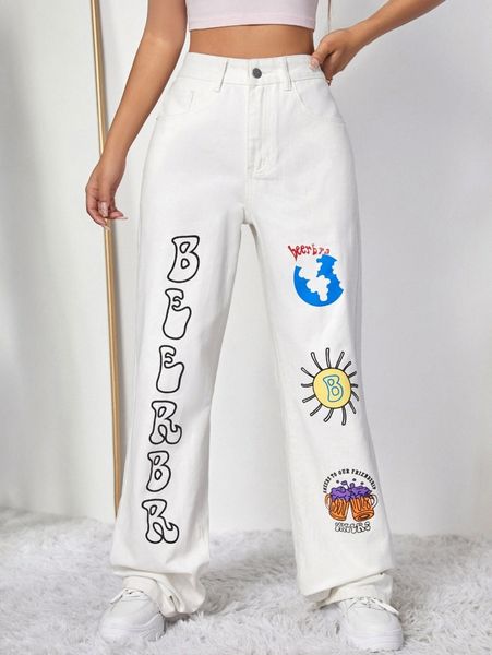 

letter and cartoon graphic jeans s52i#, Blue