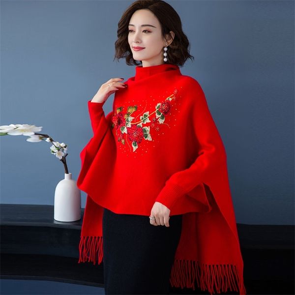 

cashmere shawl women autumn and winter knit cardigan embroidered wool cape coat with cheongsam 210427, White;black
