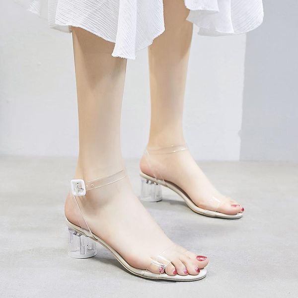 

explosion models summer fashion trend women's high-heeled sandals solid color transparent strap mature shoes u23-66, Black