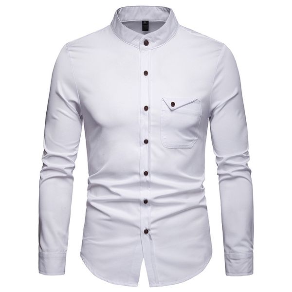 

mens solid mandarin collar shirt casual slim fit wine red dress shirts for men plus size woke camisas, White;black