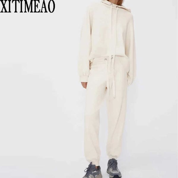 

za sports suit sweatshir women hooded long sleeve pullover sweater pure color high waist casual pants 210604, Black