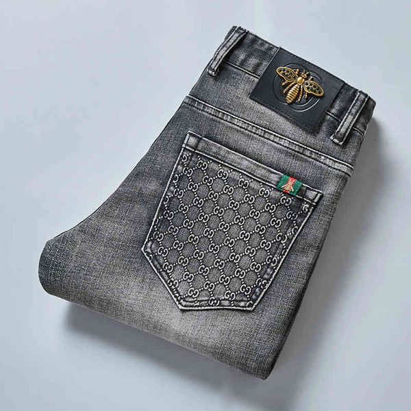 

korean autumn little bee jeans men's fashion elastic old slim leggings, Blue