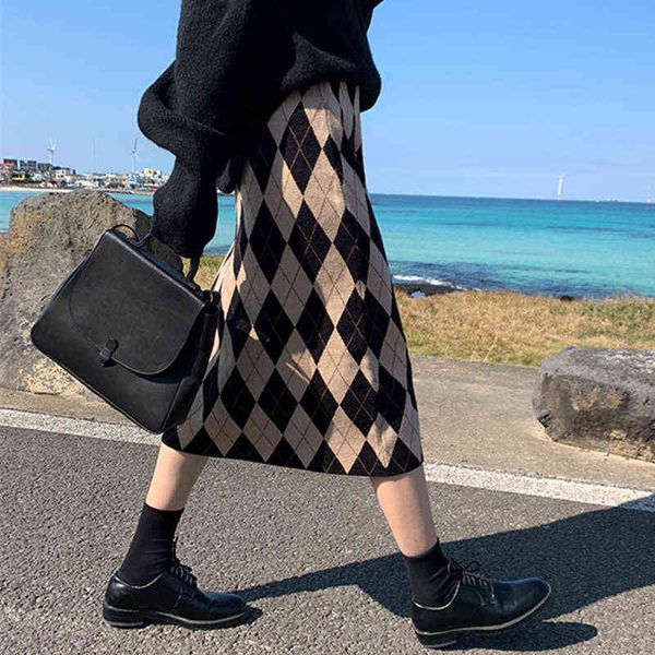 

casual dresses age reducing knitted skirt for women's autumn winter korean version high waist temperament rhombic lattice medium and lo, Black;gray