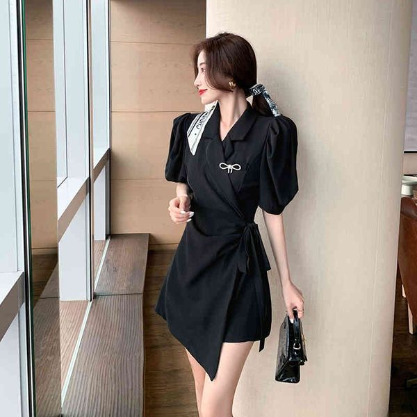 

women summer single breasted black white flare sleeves casual slim simple office party mini dressesvestido da festa 210514, Black;gray