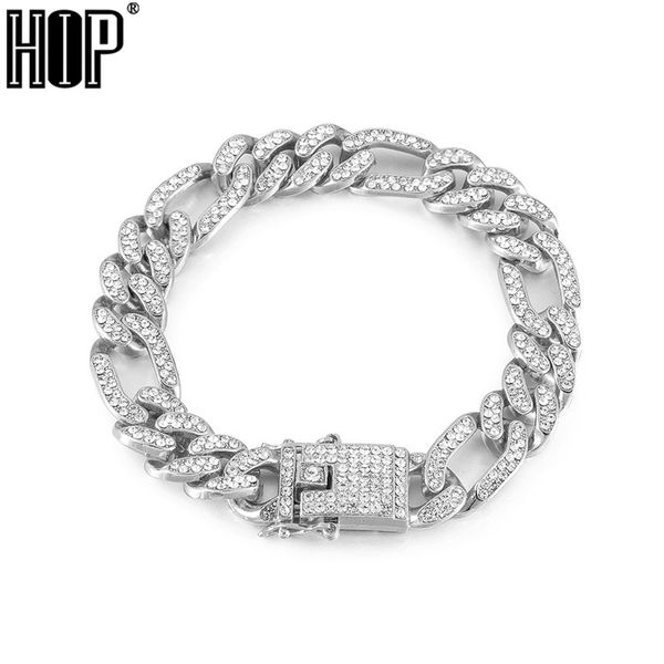 

iced out figaro cuban bracelet chain hip hop jewelry choker gold silver color rhinestone cz clasp for mens rapper, Golden;silver