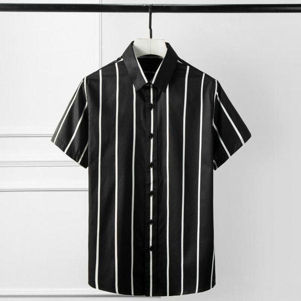 

cotton men 100% shirt fashion white black striped short sleeve plus size 4xl patry wedding dress shirts men's casual