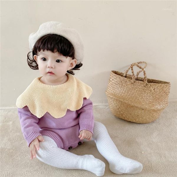 

rompers yg0-2 year old baby girl's large petal collar contrast knitting wool one-piece clothes bag fart ha climbing1, Blue