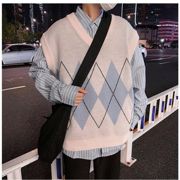 

men's vests waistcoat men argyle v-neck vintage plus size 2xl spring korean retro loose trendy mens vest soft leisure sleeveless, Black;white