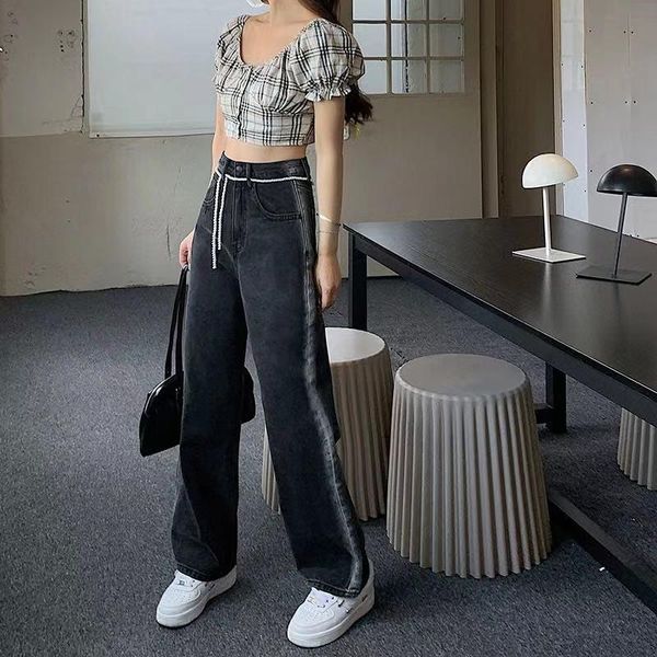 

women's jeans s-xl 2021 autumn korean style women gradient denim pants high elastic waist straight trousers(72883), Blue