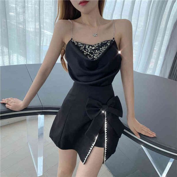 

lucyever summer sequins set skirt women bright drill spaghetti strap and bow crystal side open a-skirt woman 210521, White