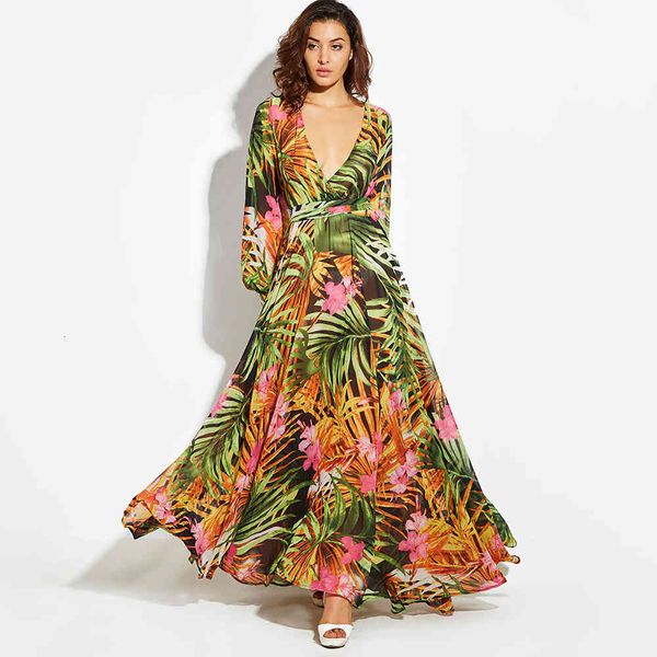 

summer women long sleeve v neck lace-up floral print green ladies new bohemian stylish maxi dresses for floor length, Black;gray