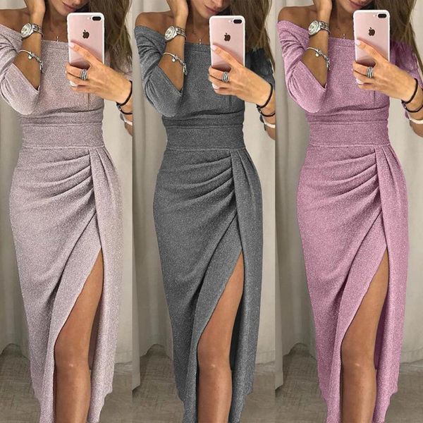 

women off shoulder party dress fashion 2021 bandage bodycon long sleeve evening clubwear slim casual dresses, Black;gray