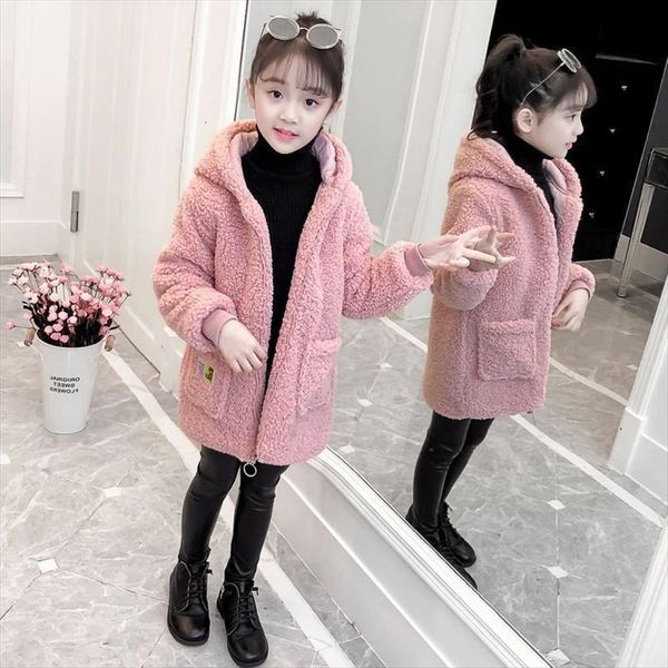 

4 14 yrs girls children spring autumn winter woolen jackets thick mid length of lamb down coat big kids hooded, Blue;gray
