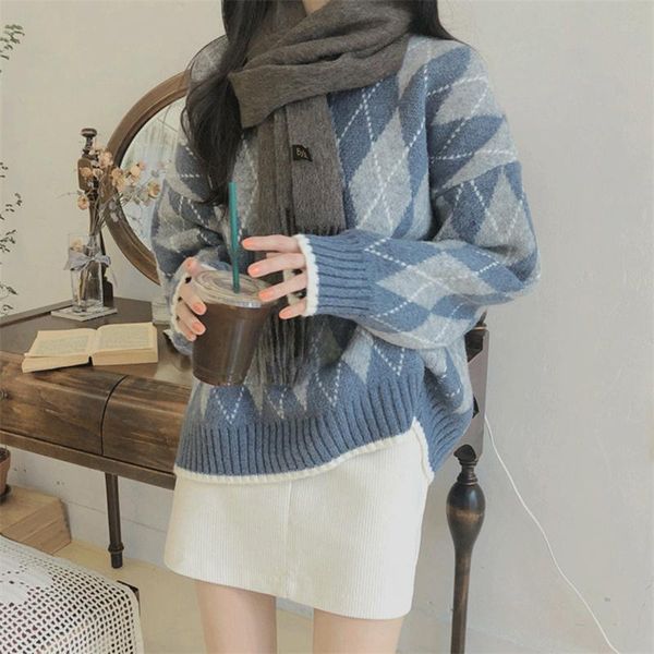 

women's sweaters 2021 women autumn winter knitted elegant checkered fashionable vintage wild pullovers knitwears, White;black