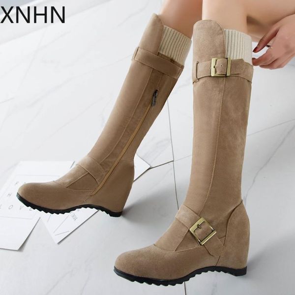 

boots women's side zip buckle knee high wedges shoes with thick scrub casual middle tube booties, Black