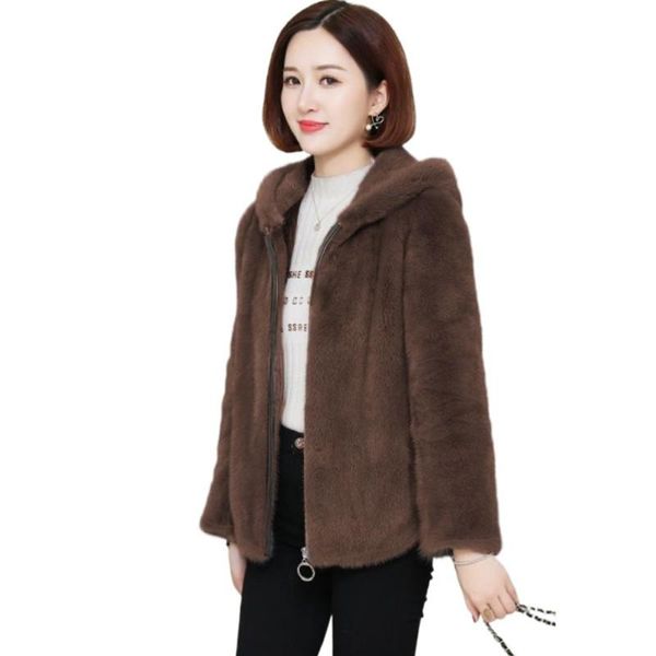 

women's fur & faux 2021 winter imitation coat jacket with collar and hood warm ladies coa, Black