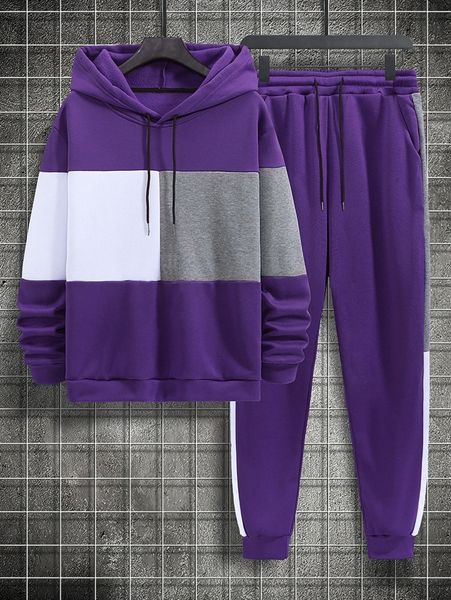 

men color block thermal lined drawstring hoodie & sweatpants m5jv#, Gray