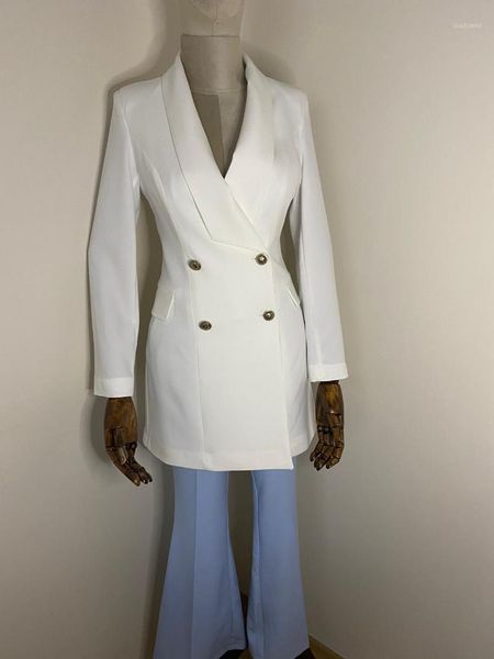 

women's two piece pants suit-white long coat, blue spanish