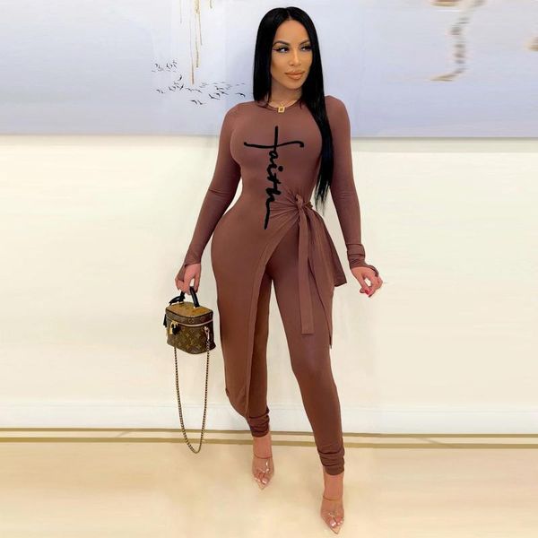 

women's two piece pants fashion set winter clothes for women irregular slits bandage letter print long skinny leggings matching, White