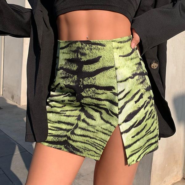

skirts vimimi 2021 summer street trend fashion tiger pattern split slim fit hip green women's short skirt, Black