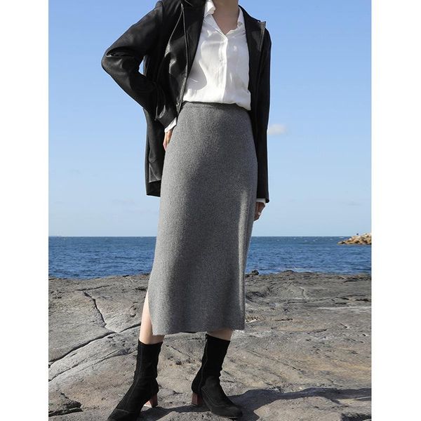 

skirts wool blends knitted skirt winter women midi high waist slits, Black