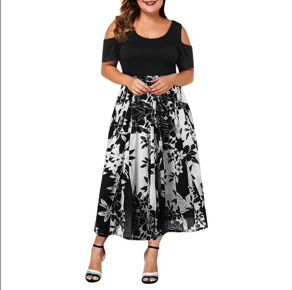 

factoryorz4 shoulder large women's short round neck sleeve off print stitching waist dress, White;black