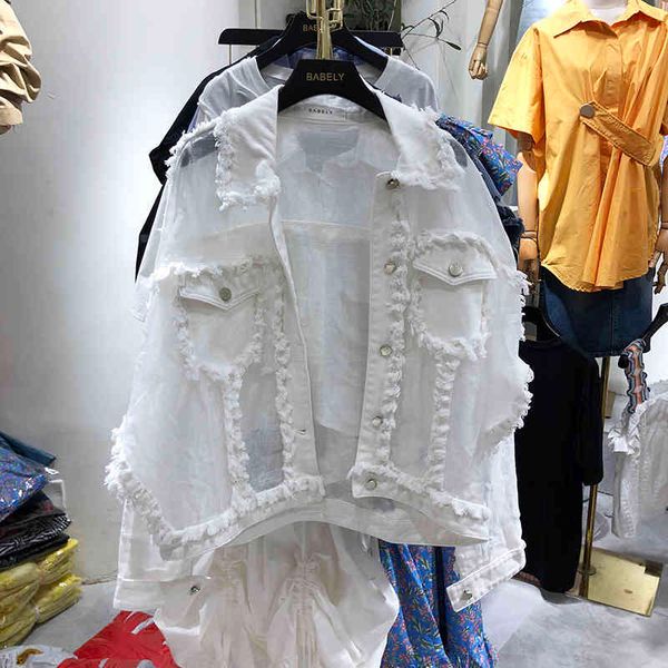 

women's hoodies & sweatshirts spring fringed turn down collar chiffon stitching loose sunscreen denim jacket harajuku coat spring l8cb, Black