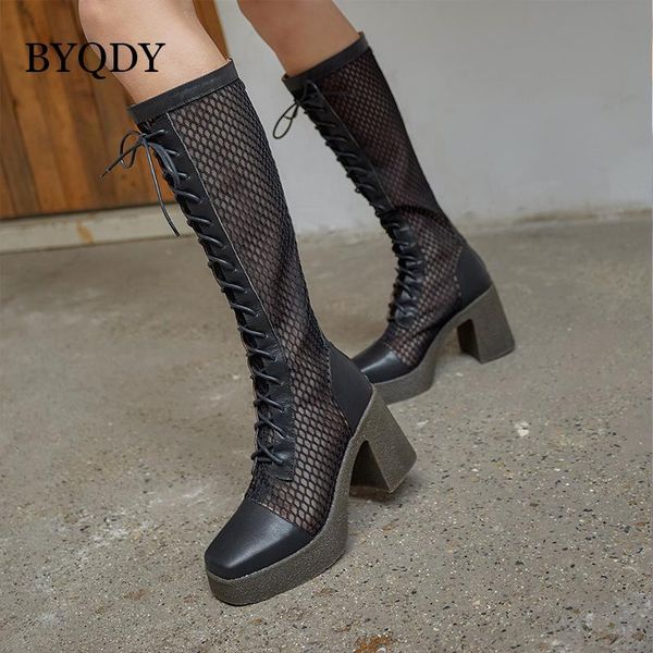 

boots byqdy fashion summer hollow breathable out black lace-up motorcycle shoes leather knee-high fur square toes