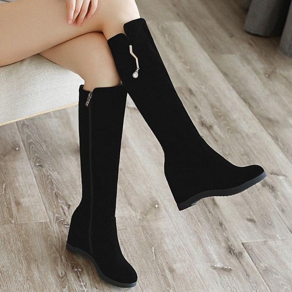 

boots winter women's inner increase solid color fashion spring autumn round toe zipper knee high shoes, Black