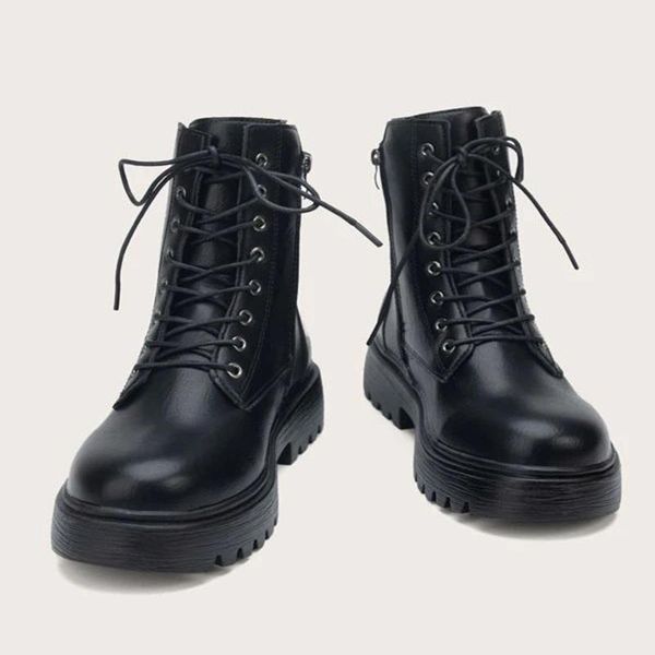 

women black ankle boots platform shoes for leather motorcycle punk minimalist lace-up front combat lady
