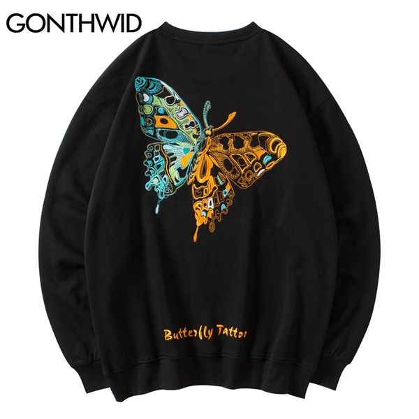 

gonthwid hip hop embroidery butterfly sweatshirts streetwear mens harajuku fashion casual pullover hoodies hipster coats 210720, Black