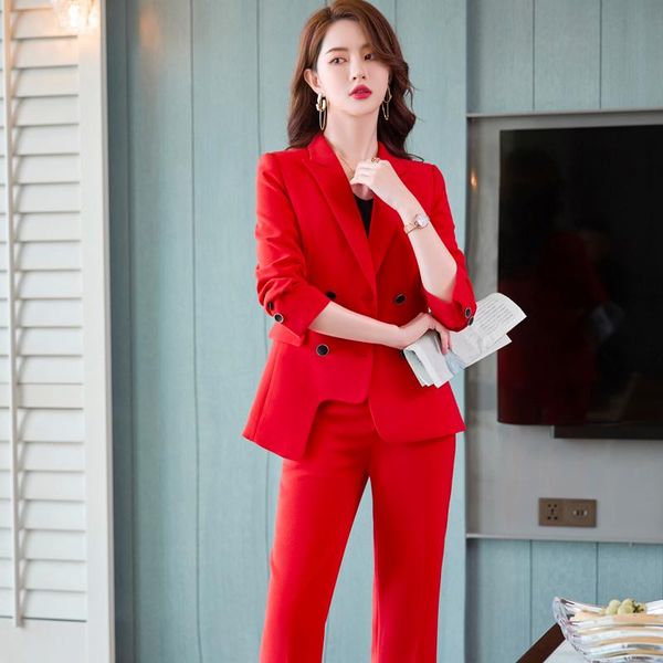 

women's two piece pants autumn winter women blazer and 2 suit ol styles fashion red jacket coat blaser formal professional trouser suit, White