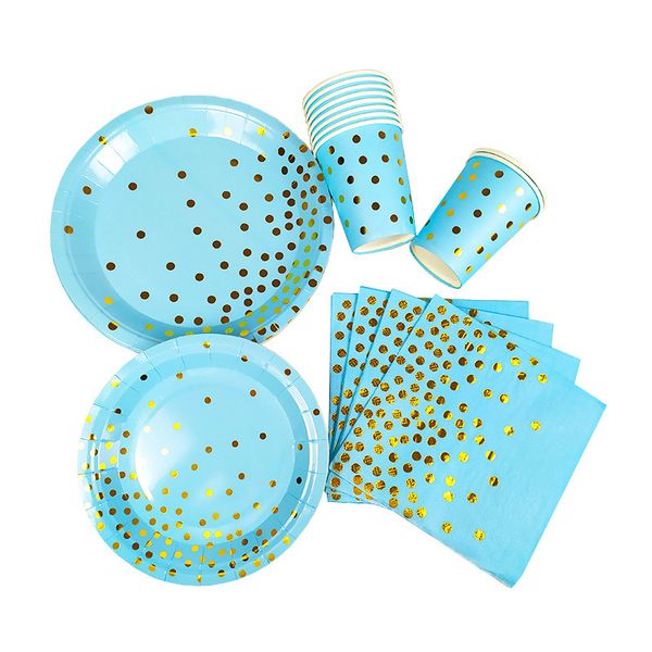 

gilded blue dot disposable paper cup tray towel theme party tableware set