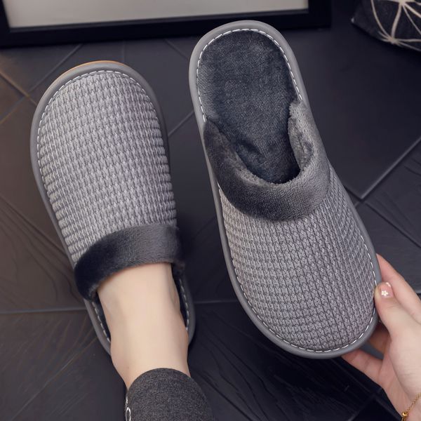 

2022 winter warm slippers men cotton shoes indoor plaid pantoffels casual crocus with fur bedroom slides house floor slippers, Black