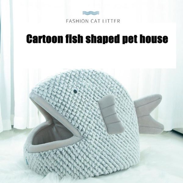 

cat house 2021 semi-enclosed fish-shaped cartoon litter bed four seasons pet for small dog mat kennel beds & furniture