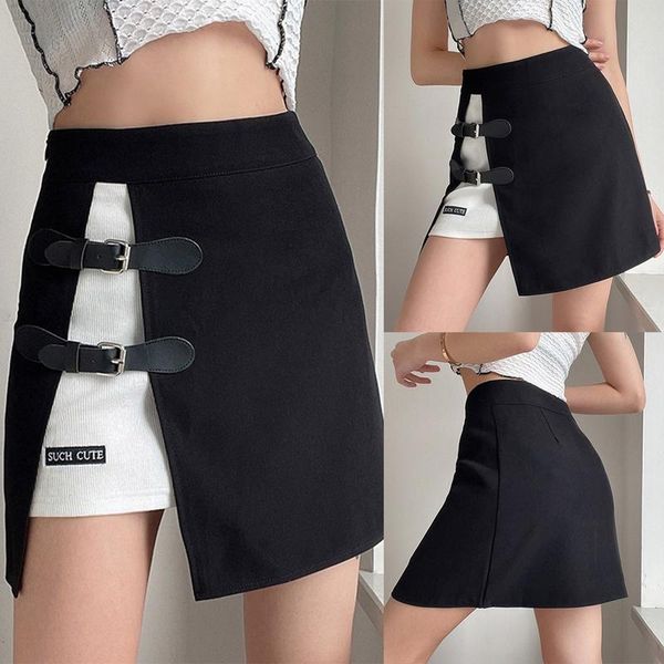

leather buckle fashion streetwear skirt high waist patchwork a-line skirts harajuku women club party bottoms, Black