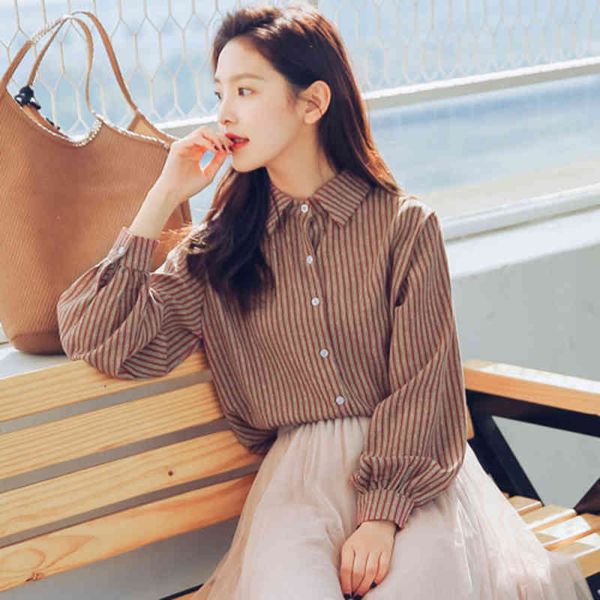 

shirts arrival korean fall fashion female long sleeve chiffon striped all-combined casual turn-down shirt collar d514, White