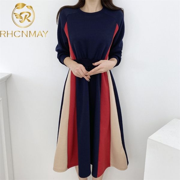 

style in autumn and winter color contrast stitching long plush dress stretching belt slim waist 210506, Black;gray