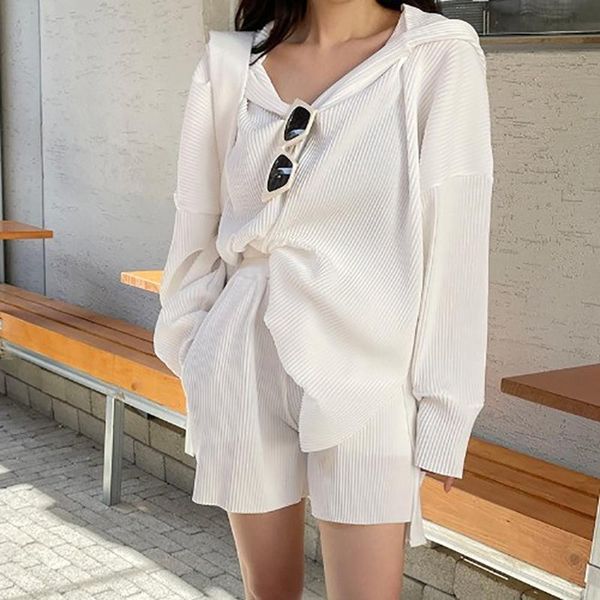 

women's tracksuits autumn casual 2 piece sets white pullovers hoodies hooded long sleeve jacket loose wide leg shorts wild solid, Gray