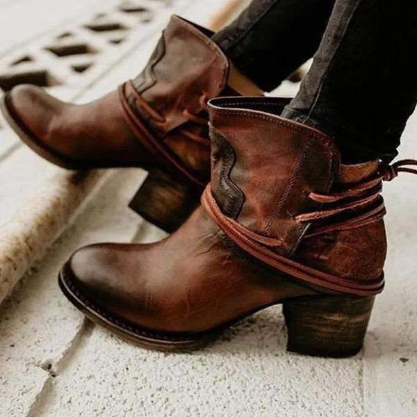 

boots vintage low heel ankle casual back-lace, Black