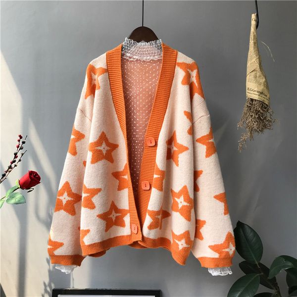 

women's sweaters autumn women's korean version of avocado green five-pointed star sweater loose long-sleeved knitted cardigan jack, White;black
