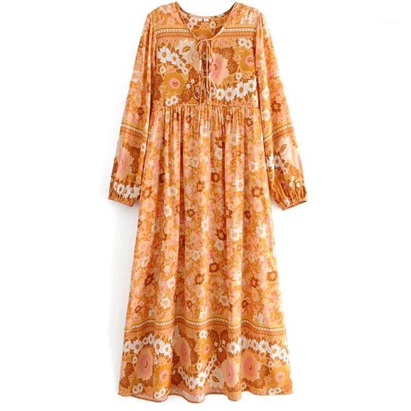 

gypsylady yellow vintage boho women dress autumn floral print holiday midi dresses long sleeve chic ruffles ladies casual, Black;gray