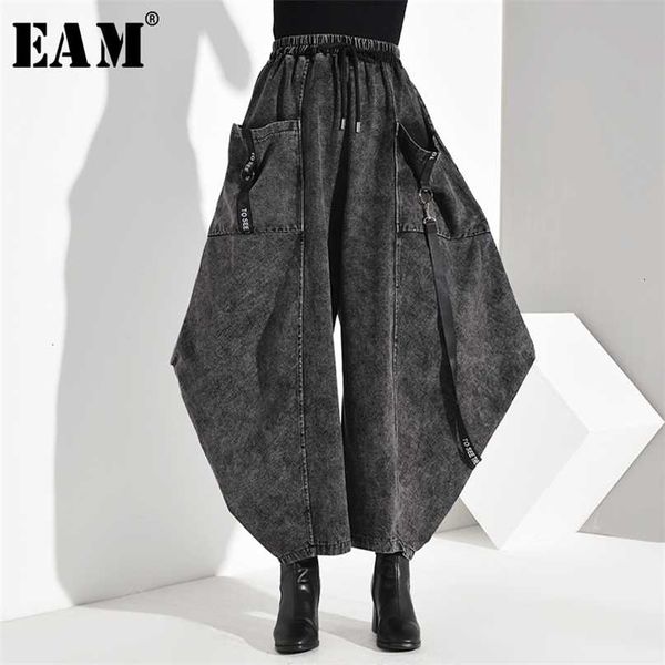 

[eam] high elastic waist pocket split long denim wide leg trousers loose fit pants women fashion spring autumn 1d 211115, Black;white