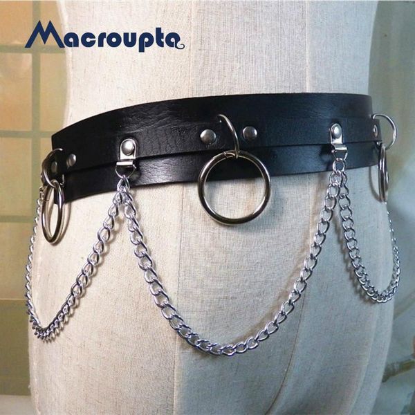 

belts 2021 punk gothic faux leather belt metal chain ring waist strap street dance decor, Black;brown